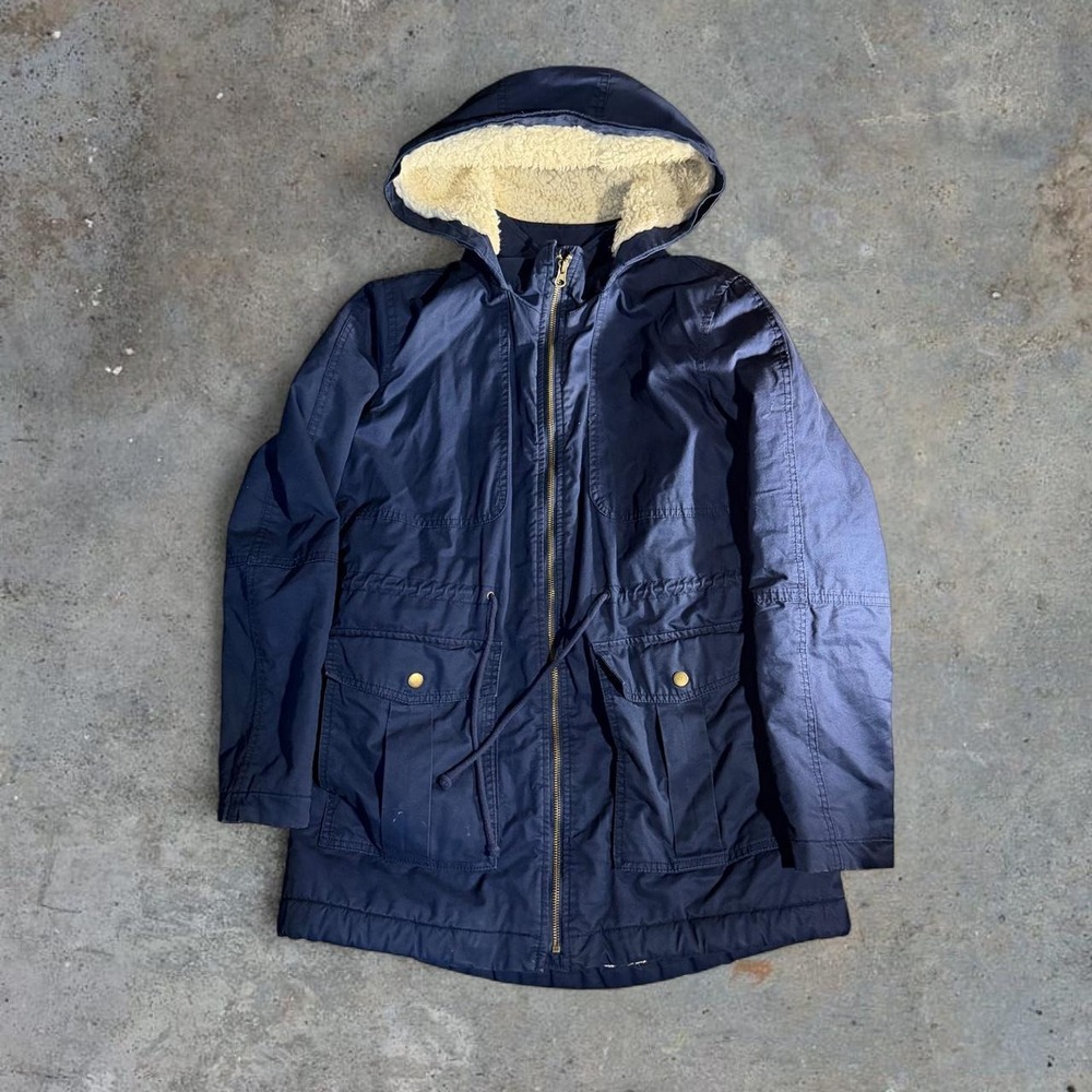 Gap Womens Navy Blue Sherpa Lined Parka Jacket Hooded Y2K Utility Coat Small